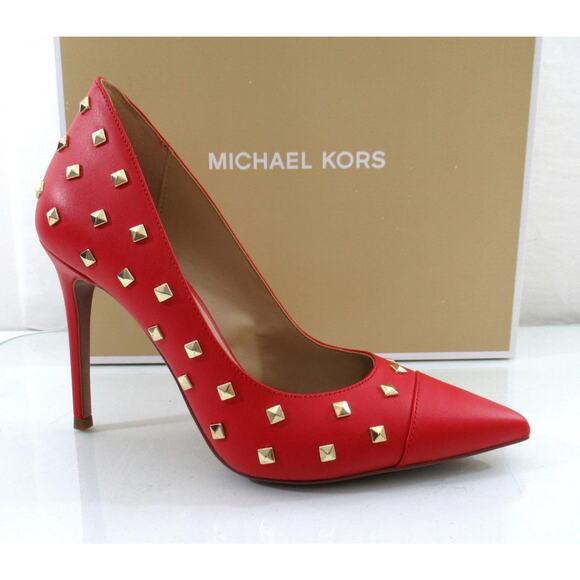 Michael Kors Keke Toe Cap Pump Pointy Pyramid Studs Leather Crimson Red - Picture 2 of 10